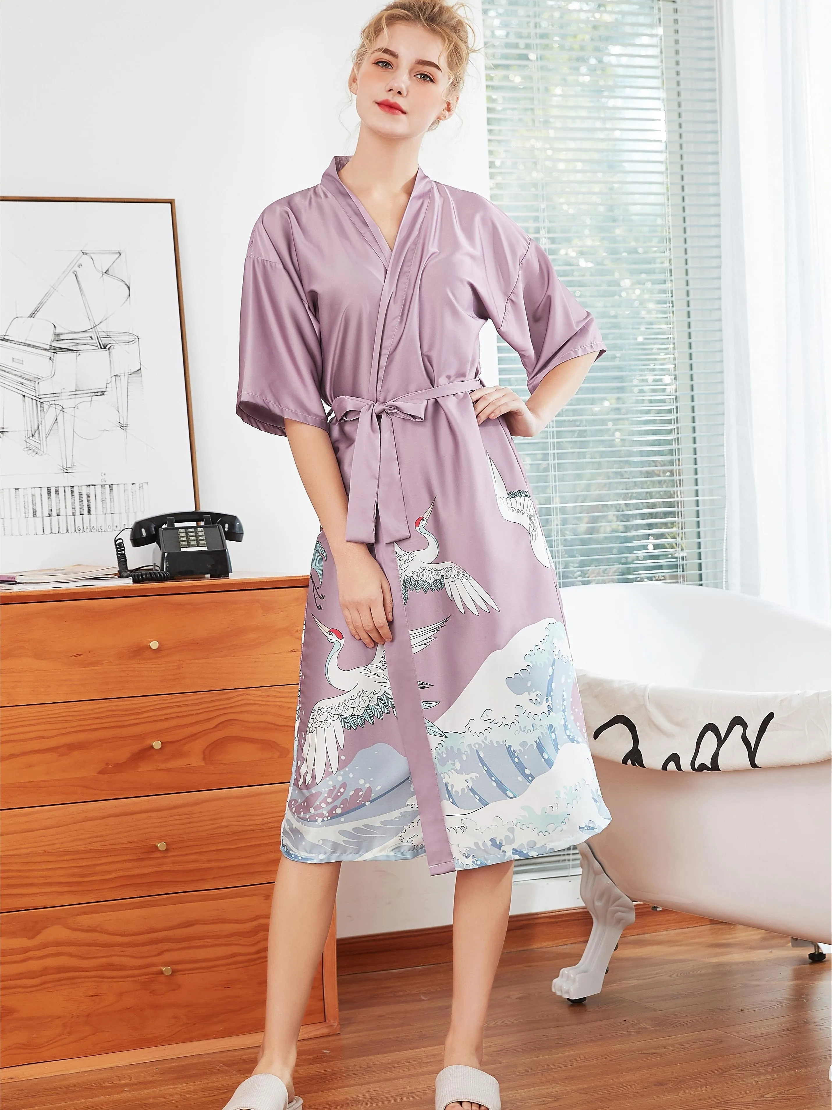 Peacock & Wave Print Satin Brides Night Robe, Three Quarter Sleeve V Neck Robe With Belt, Women's Sleepwear & Dresses For Fall & Winter