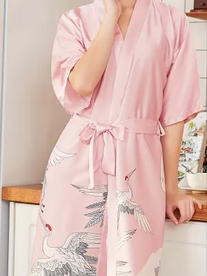 Peacock & Wave Print Satin Brides Night Robe, Three Quarter Sleeve V Neck Robe With Belt, Women's Sleepwear & Dresses For Fall & Winter