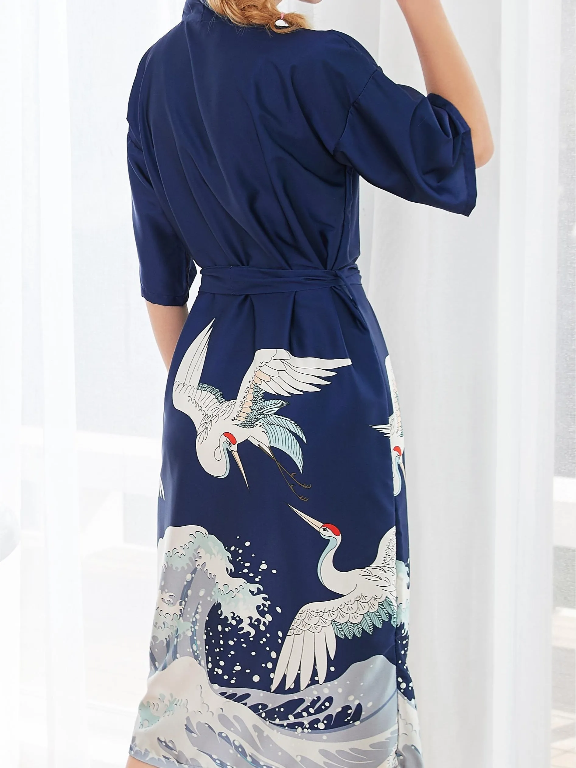 Peacock & Wave Print Satin Brides Night Robe, Three Quarter Sleeve V Neck Robe With Belt, Women's Sleepwear & Dresses For Fall & Winter