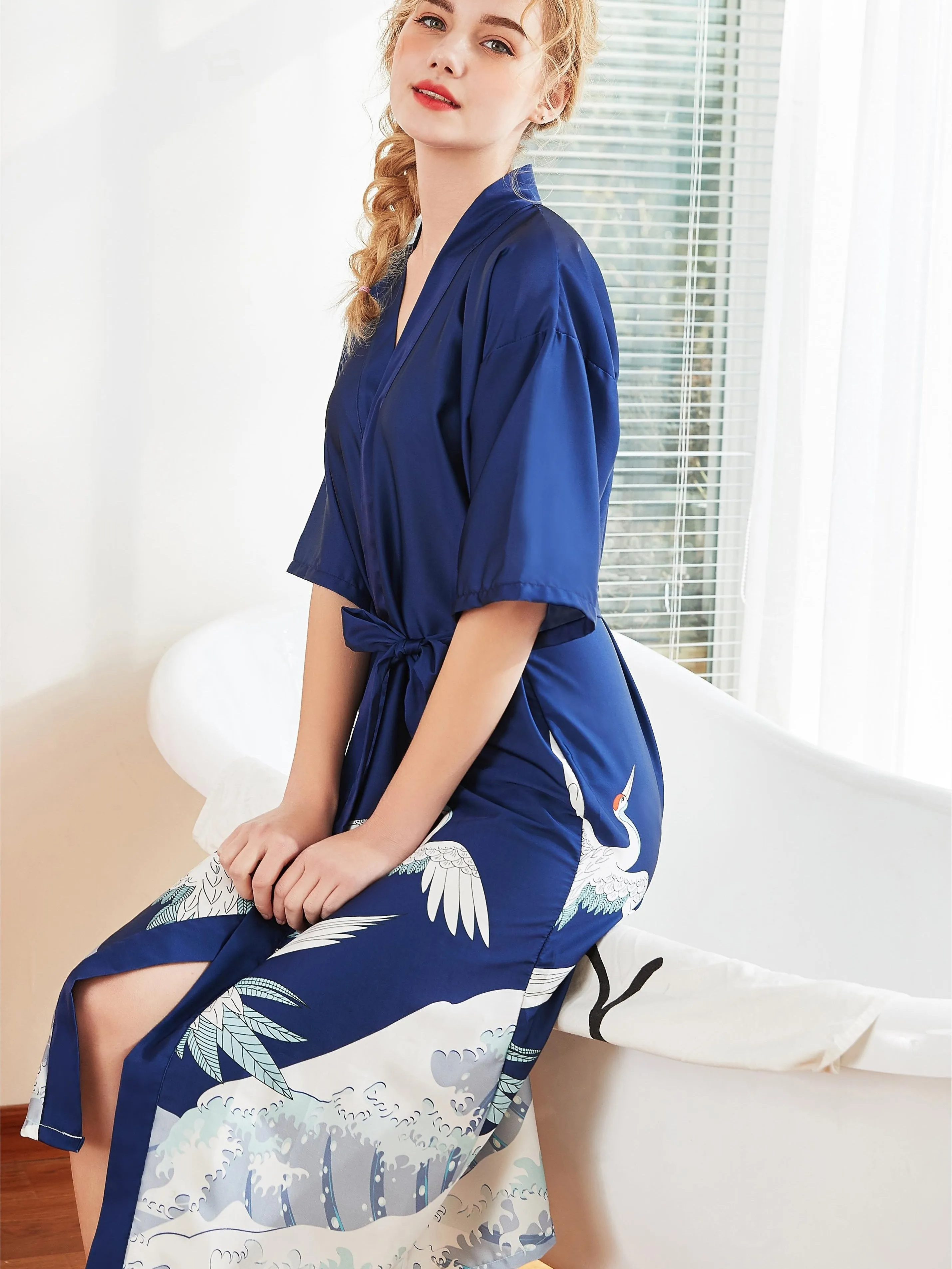 Peacock & Wave Print Satin Brides Night Robe, Three Quarter Sleeve V Neck Robe With Belt, Women's Sleepwear & Dresses For Fall & Winter