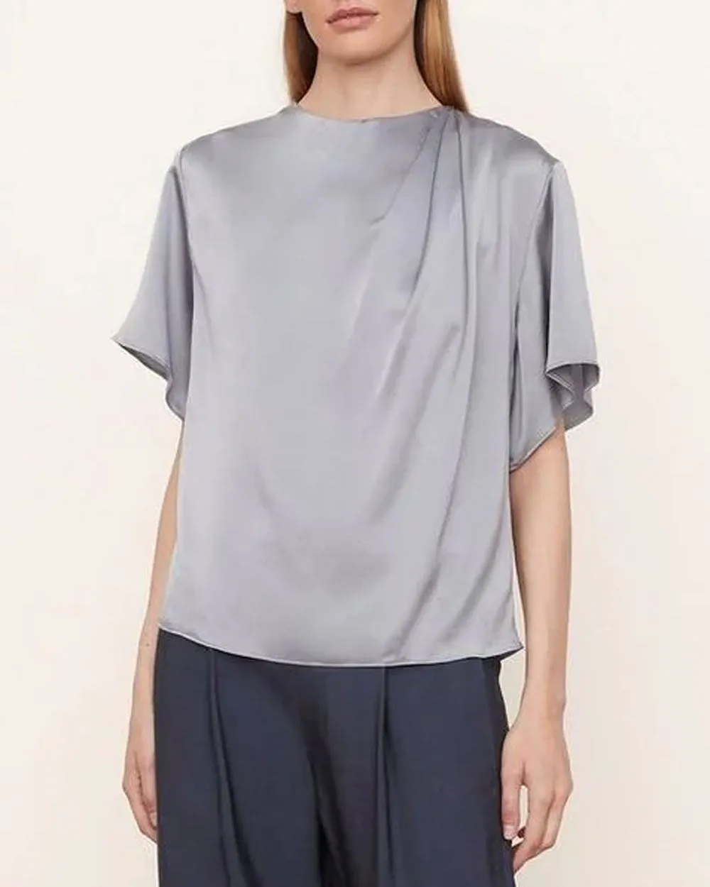 Piero Blue Satin Flutter Sleeve Blouse