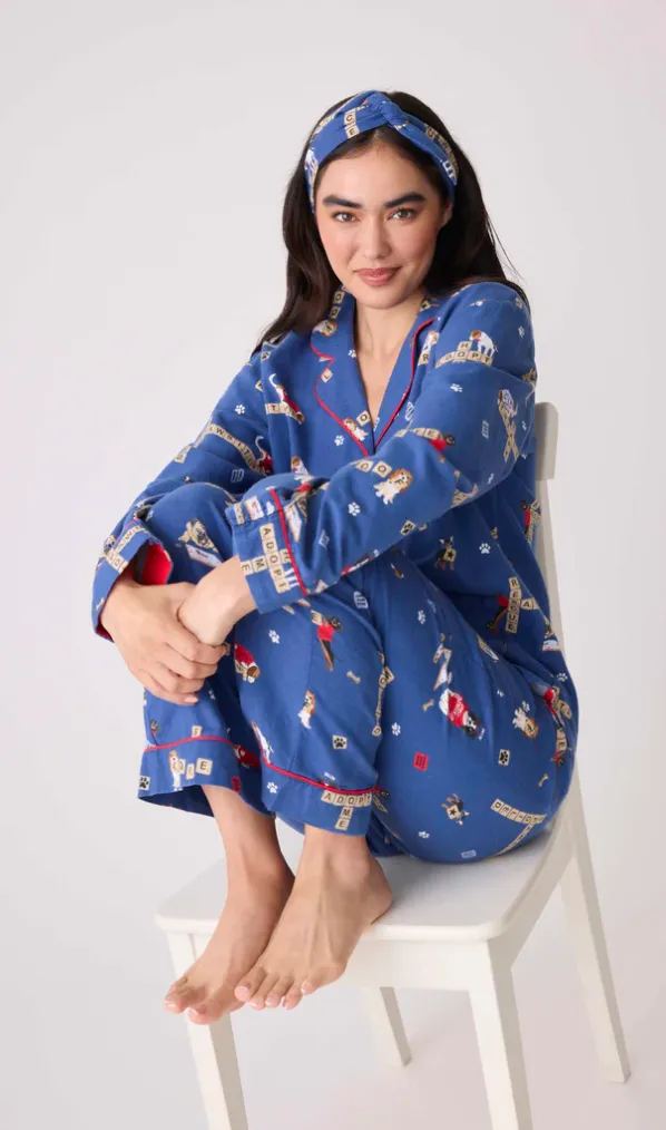 PJ Salvage Flannel Pyjamas Scrabble Dogs Dark Denim