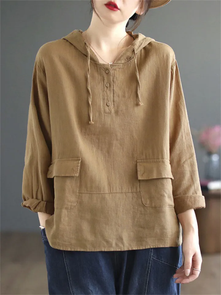 Plain Cotton Linen Long Sleeve Hooded Shirt for Women