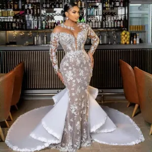 Plus Size Aso Ebi Wedding Dresses Mermaid Elegant Long Sleeves Sheer Neck Lace Beaded Bridal Dress for African Black Women with Detachable Train Bridal Gowns CDW061
