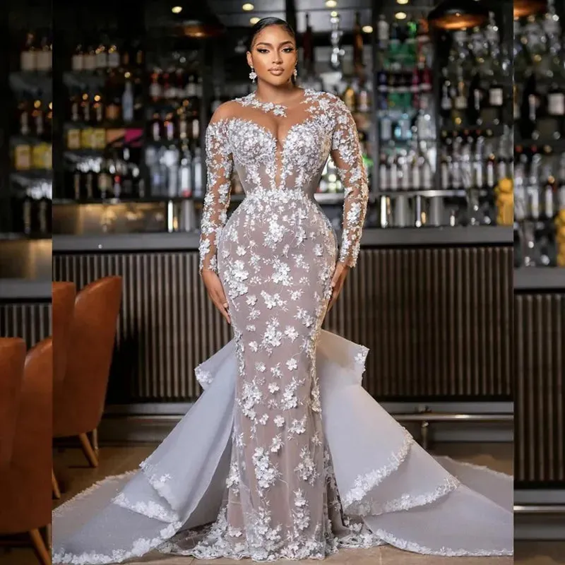 Plus Size Aso Ebi Wedding Dresses Mermaid Elegant Long Sleeves Sheer Neck Lace Beaded Bridal Dress for African Black Women with Detachable Train Bridal Gowns CDW061