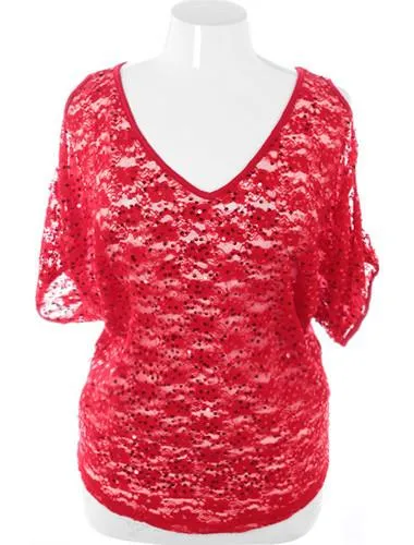 Plus Size Sparkling See Through Red Top