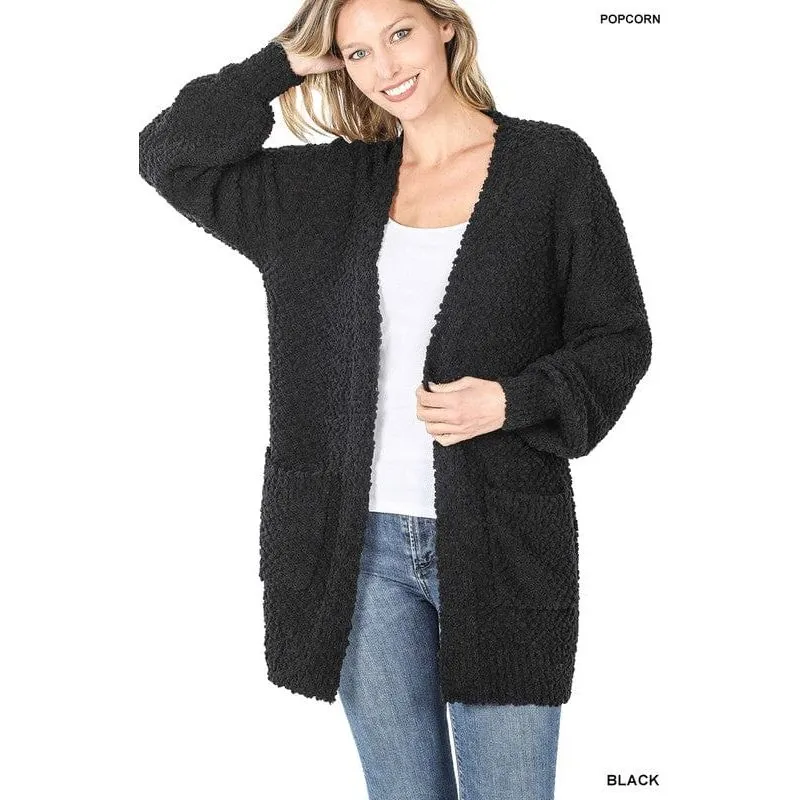 Puff Sleeve Popcorn Cardigan With Pockets