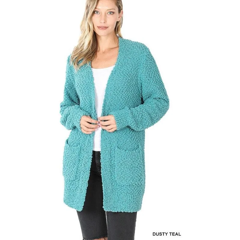 Puff Sleeve Popcorn Cardigan With Pockets