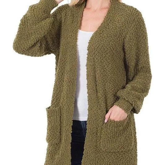Puff Sleeve Popcorn Cardigan With Pockets