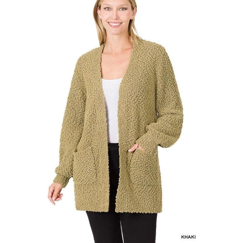 Puff Sleeve Popcorn Cardigan With Pockets