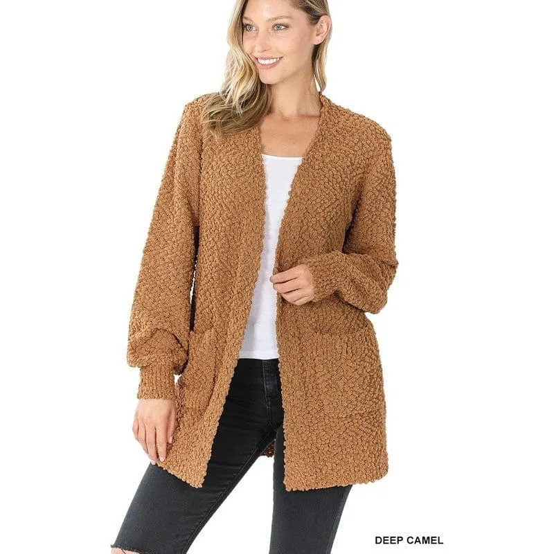 Puff Sleeve Popcorn Cardigan With Pockets