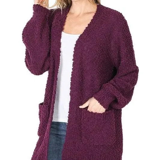 Puff Sleeve Popcorn Cardigan With Pockets