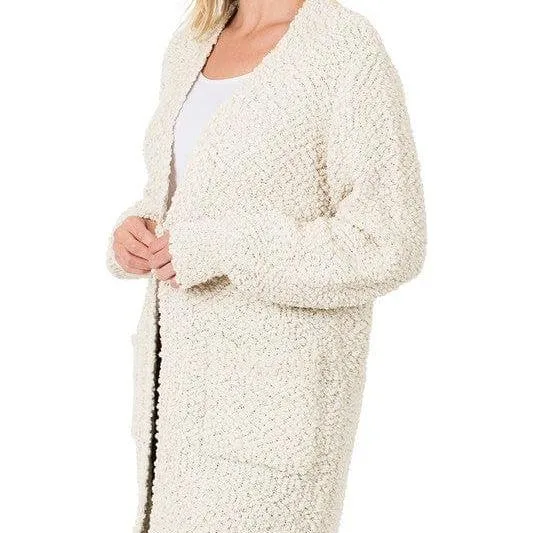 Puff Sleeve Popcorn Cardigan With Pockets