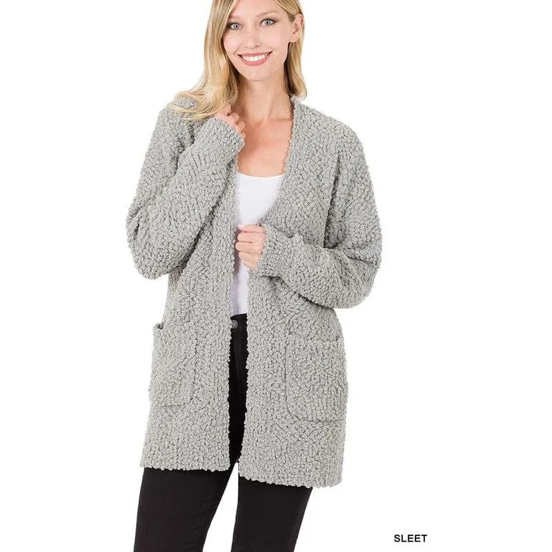 Puff Sleeve Popcorn Cardigan With Pockets