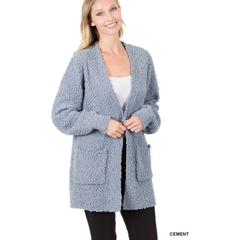 Puff Sleeve Popcorn Cardigan With Pockets