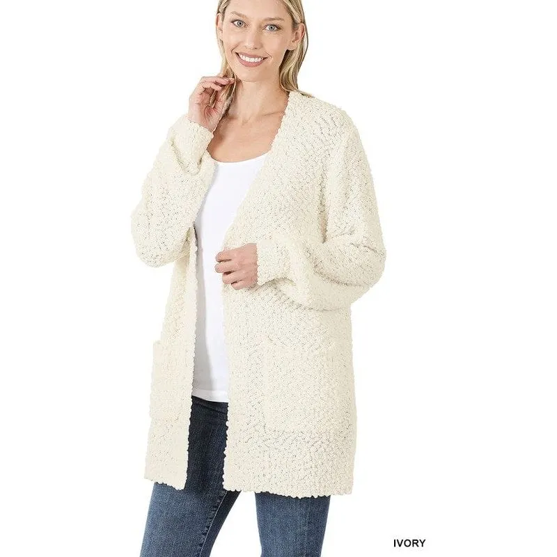 Puff Sleeve Popcorn Cardigan With Pockets