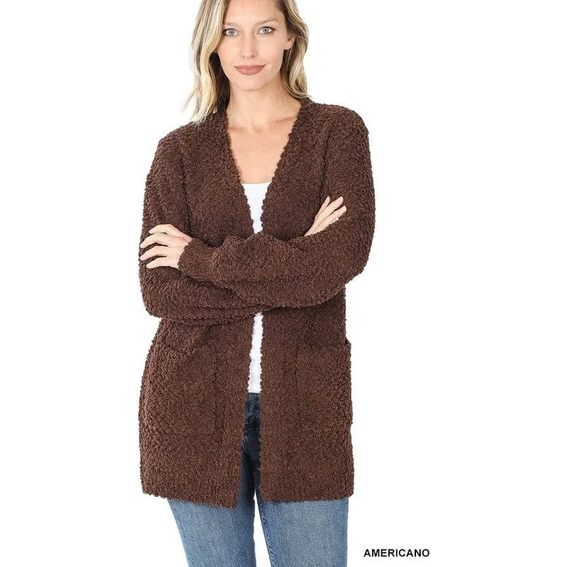 Puff Sleeve Popcorn Cardigan With Pockets
