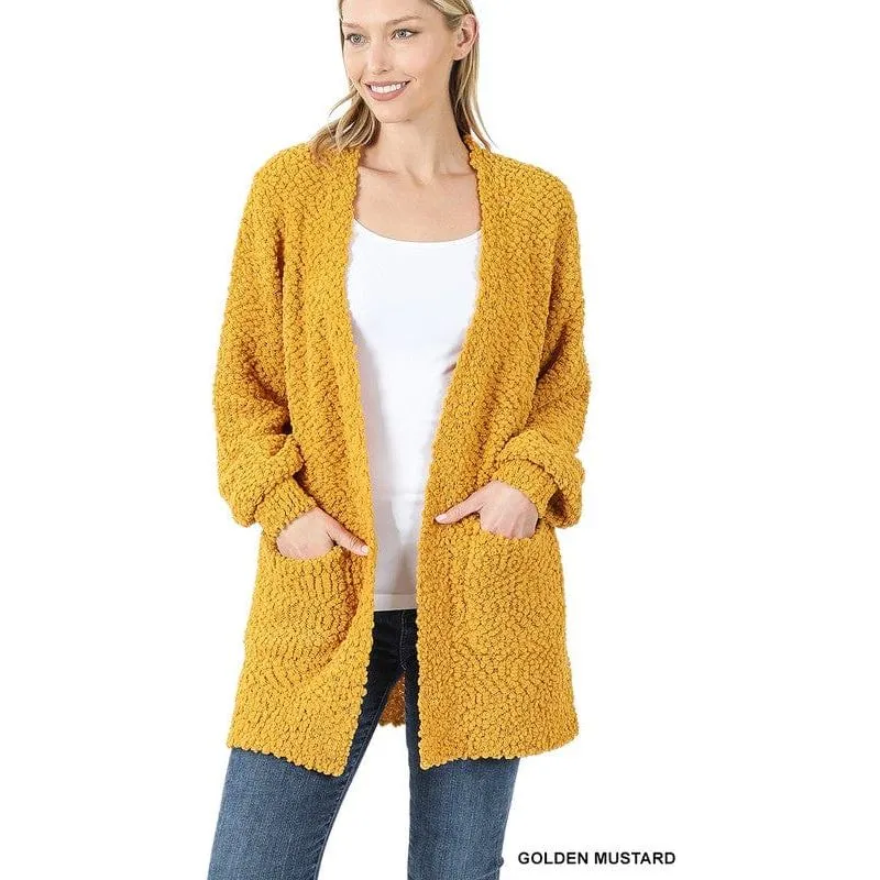 Puff Sleeve Popcorn Cardigan With Pockets