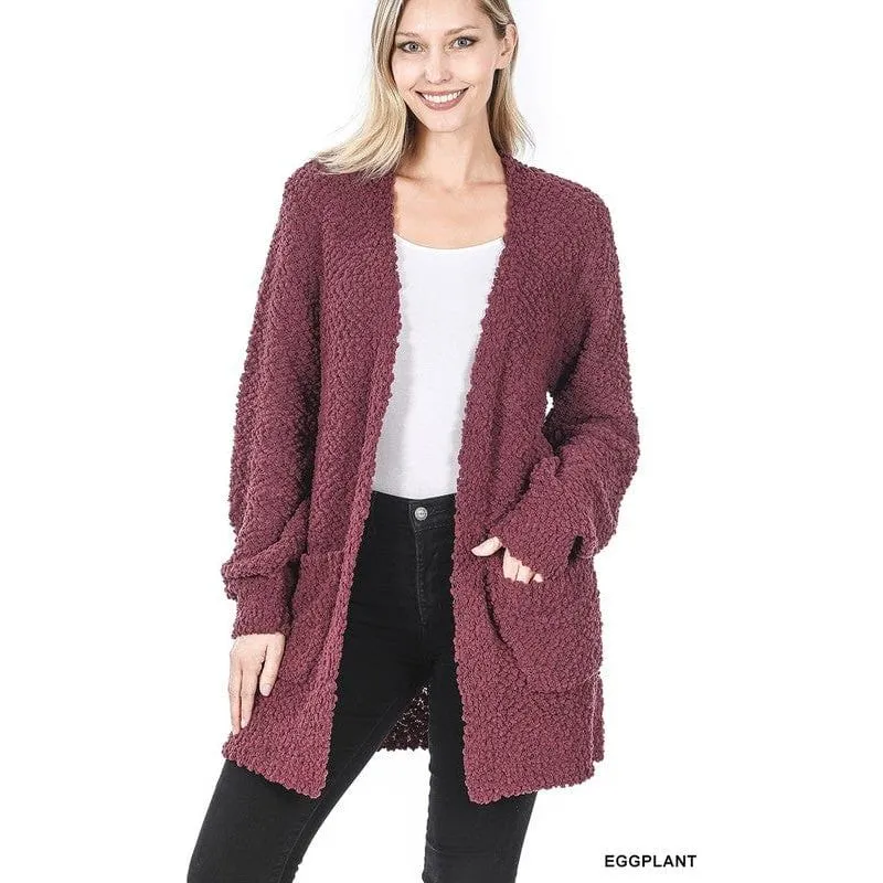 Puff Sleeve Popcorn Cardigan With Pockets