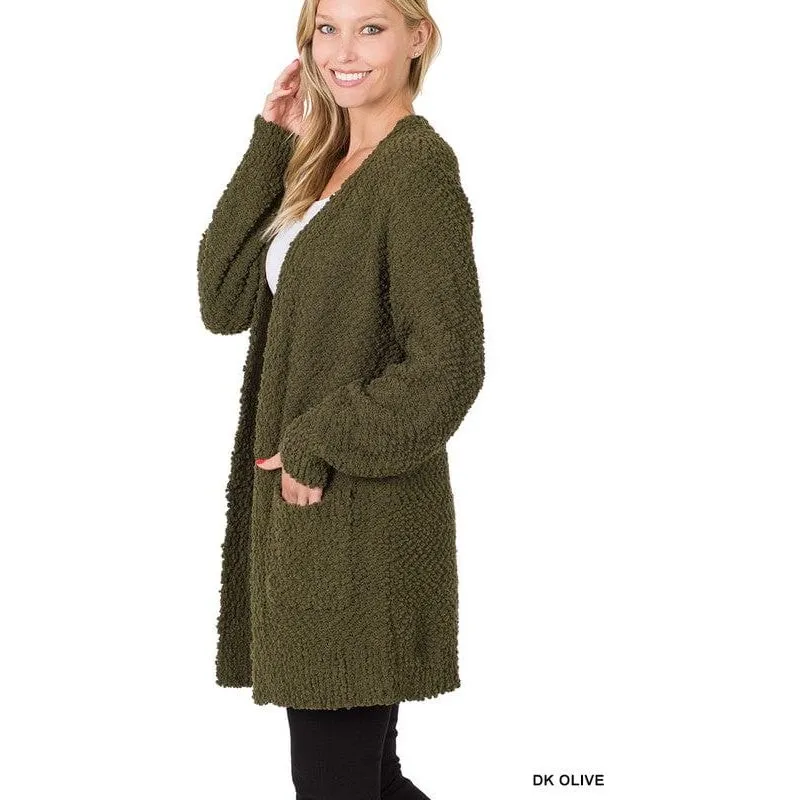 Puff Sleeve Popcorn Cardigan With Pockets