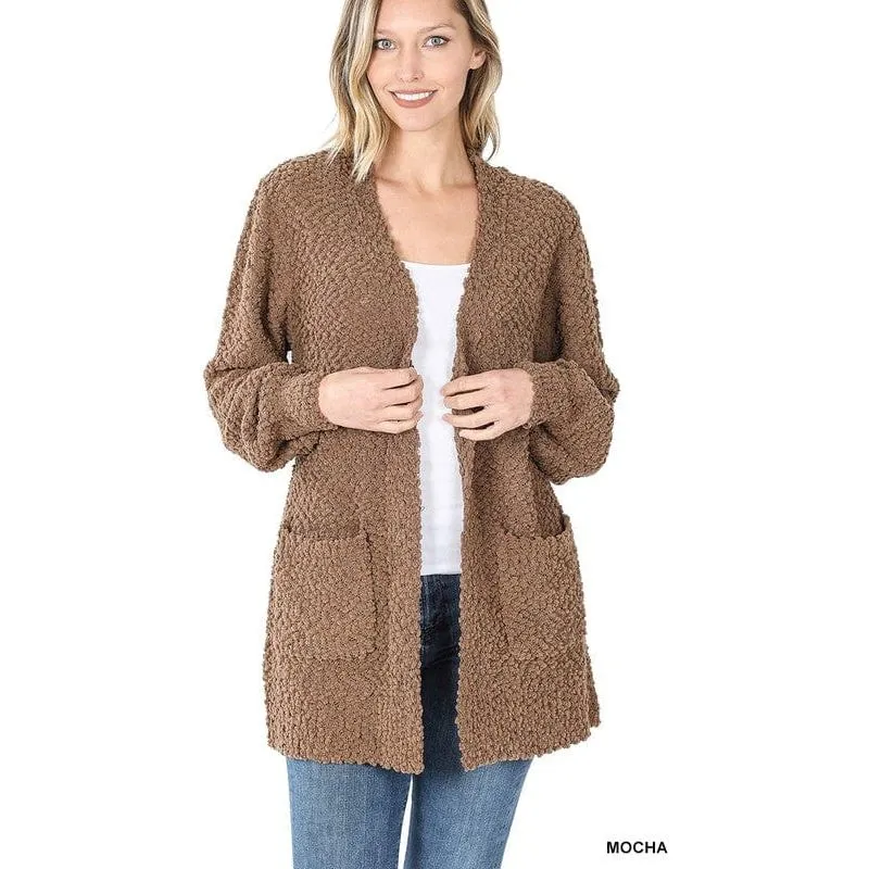 Puff Sleeve Popcorn Cardigan With Pockets