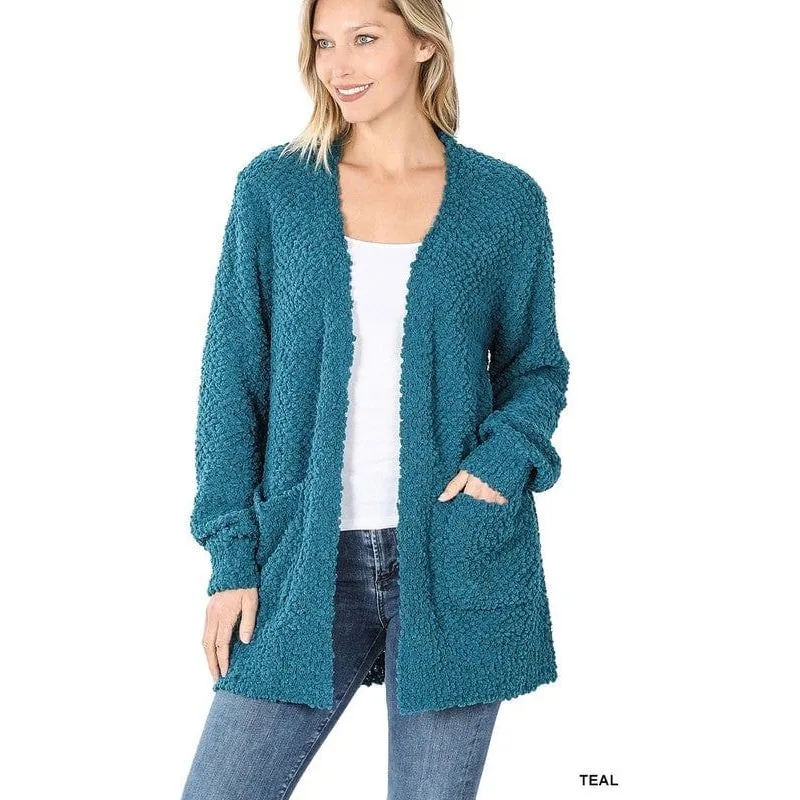 Puff Sleeve Popcorn Cardigan With Pockets