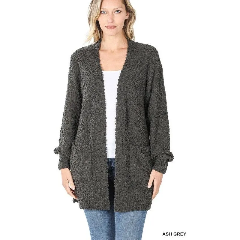 Puff Sleeve Popcorn Cardigan With Pockets