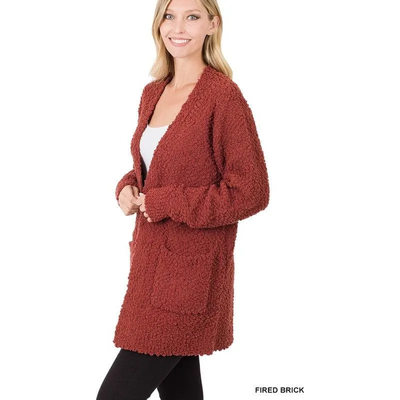 Puff Sleeve Popcorn Cardigan With Pockets