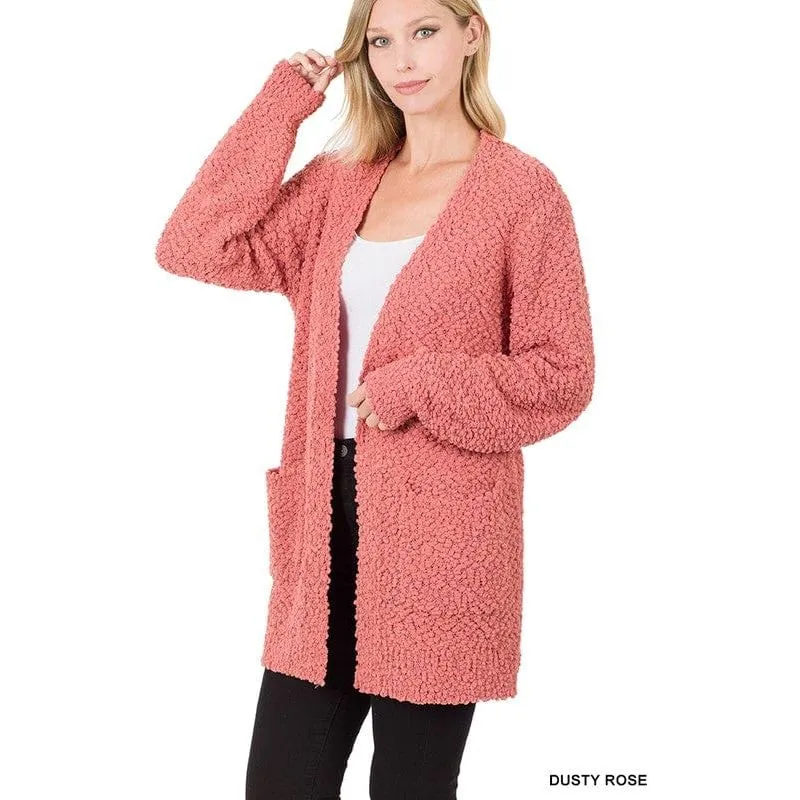 Puff Sleeve Popcorn Cardigan With Pockets