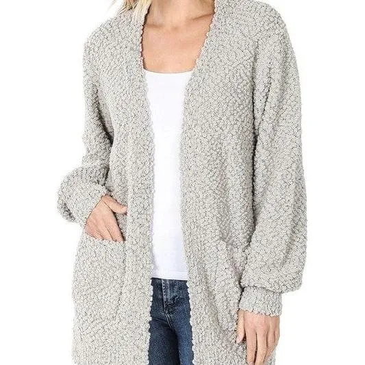 Puff Sleeve Popcorn Cardigan With Pockets