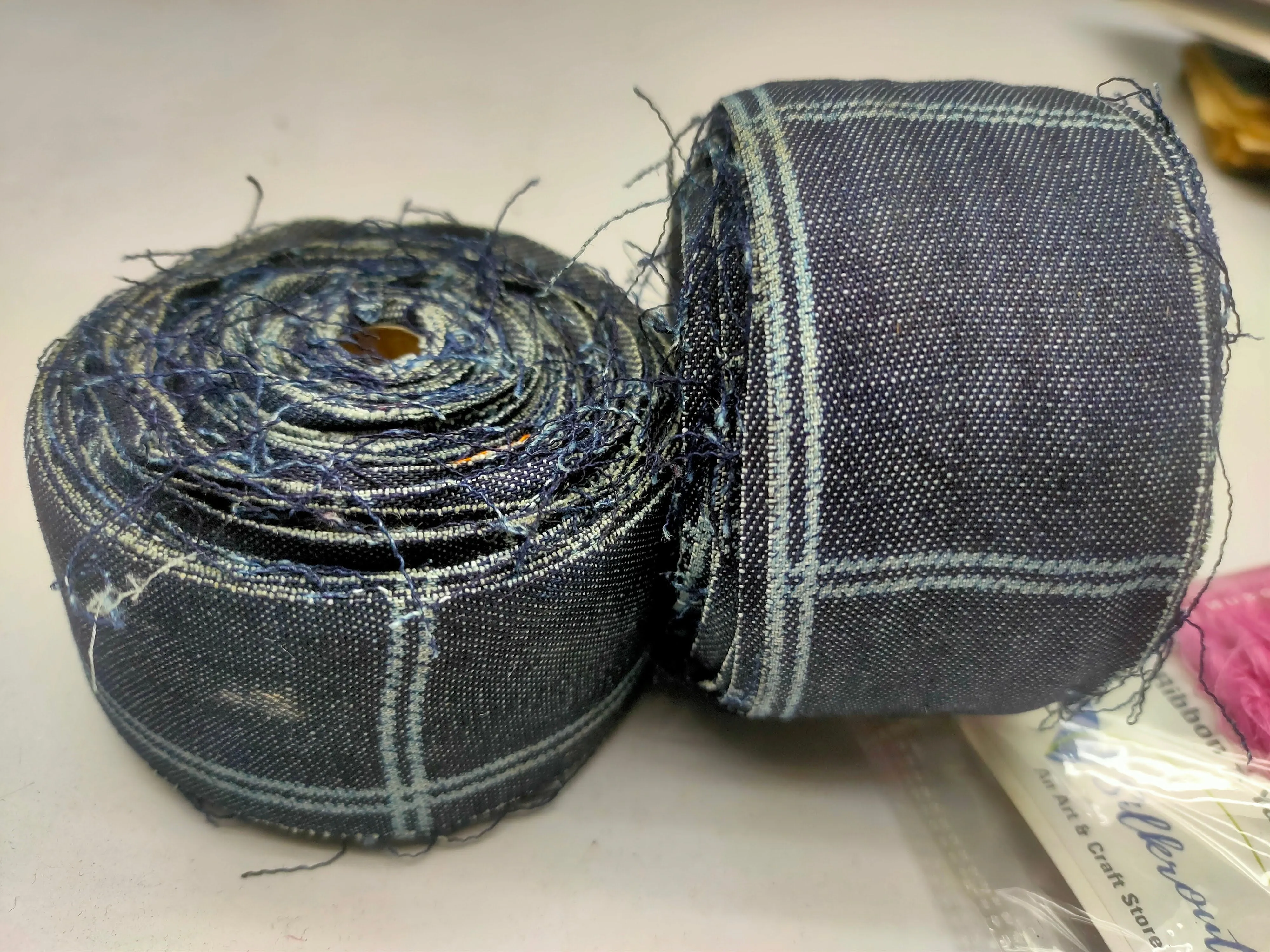 Recycled Denim Ribbon -1.5" Wide Geometric Print