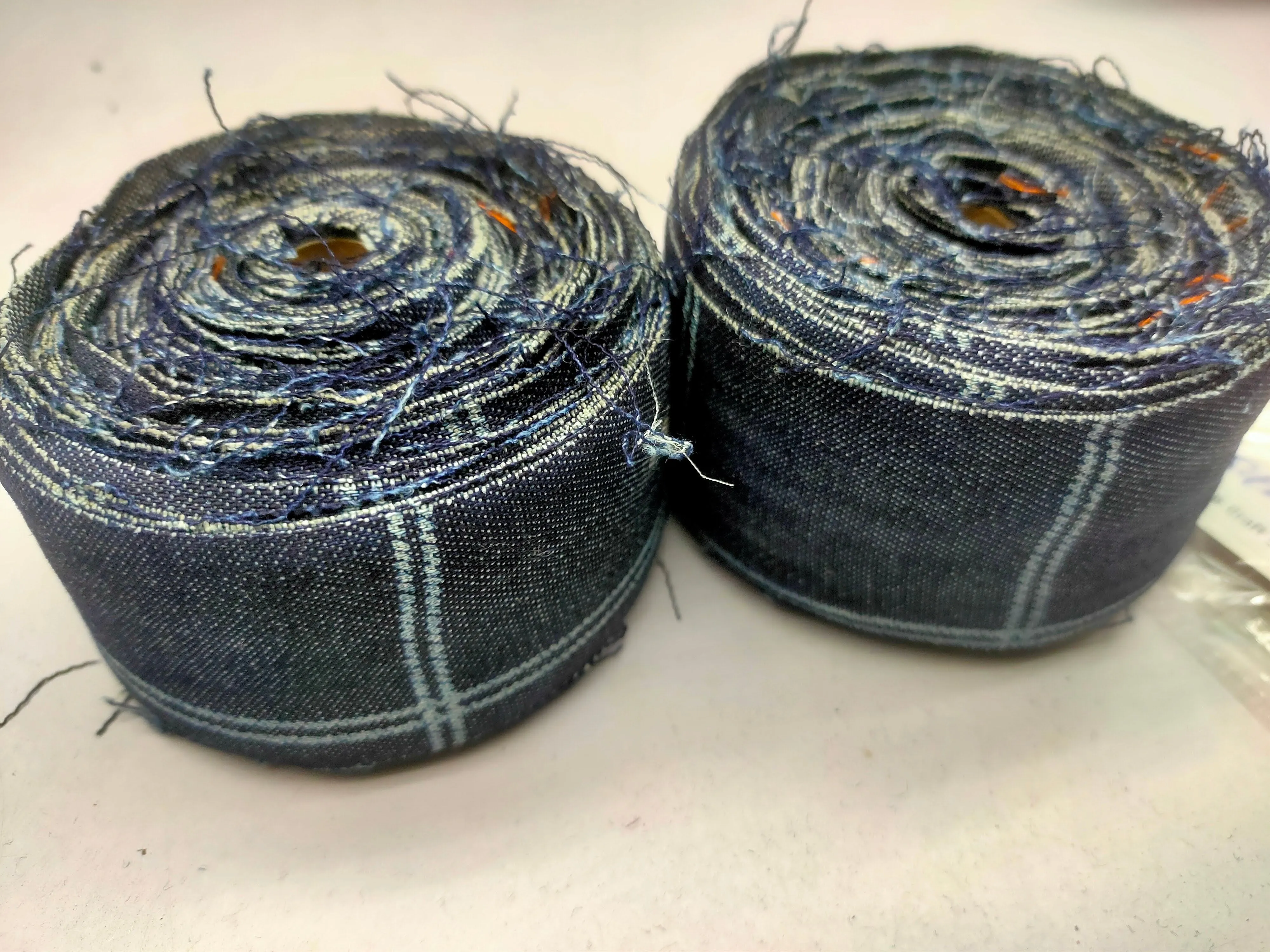 Recycled Denim Ribbon -1.5" Wide Geometric Print