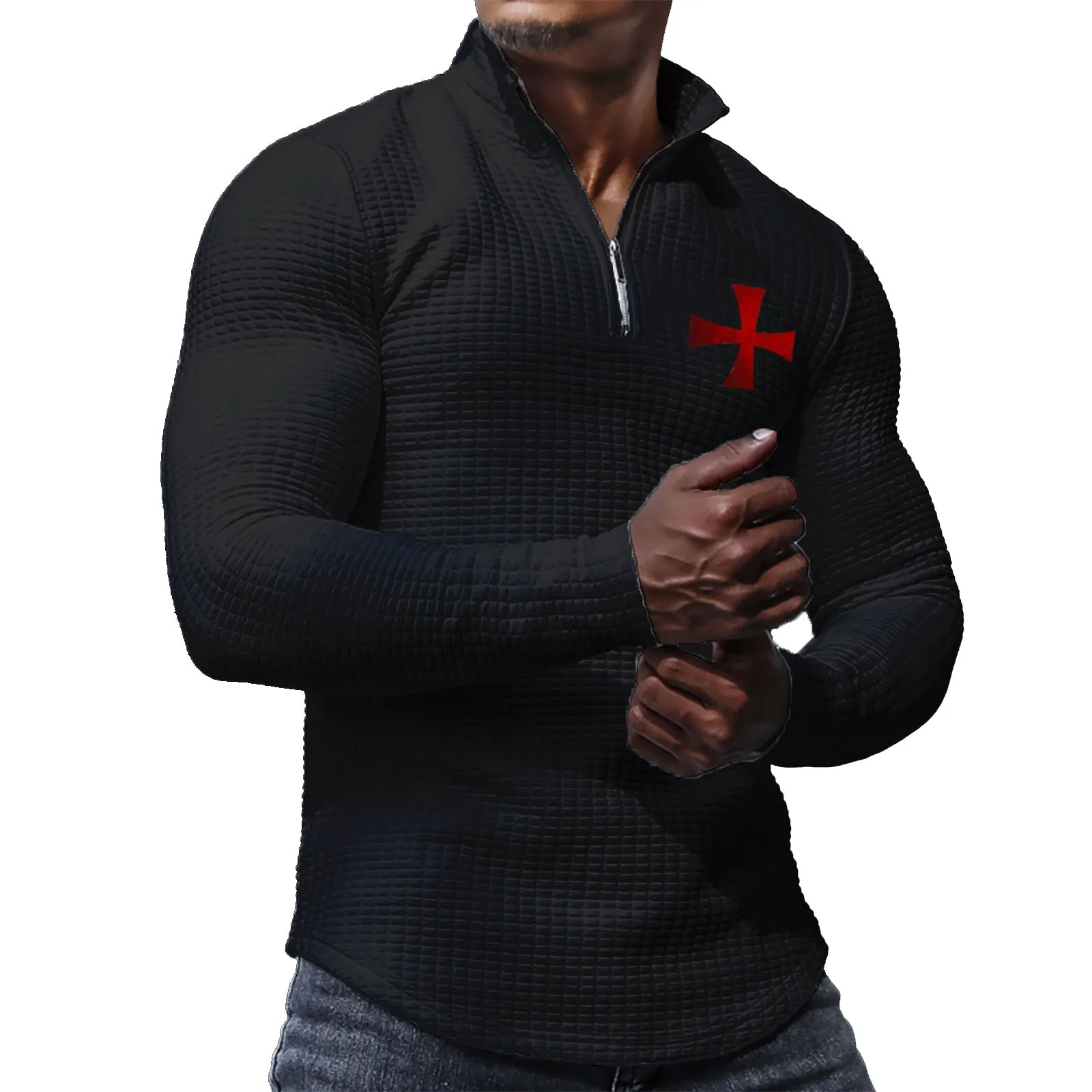 RED CROSS GRAPHIC STAND COLLAR  ZIPPER SWEATSHIRT