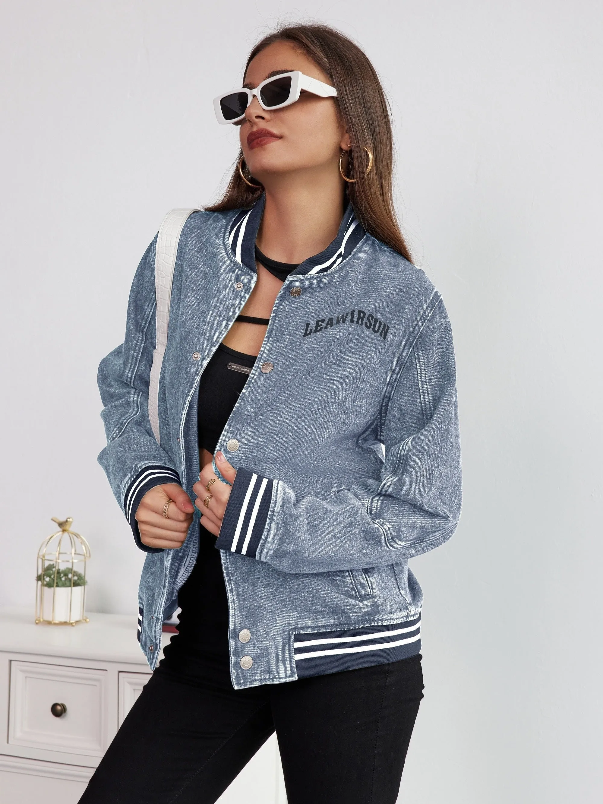Round Neck Casual Denim Jackets, Long Sleeves Single Breasted Button Loose Denim Coats, Women's Denim Clothing