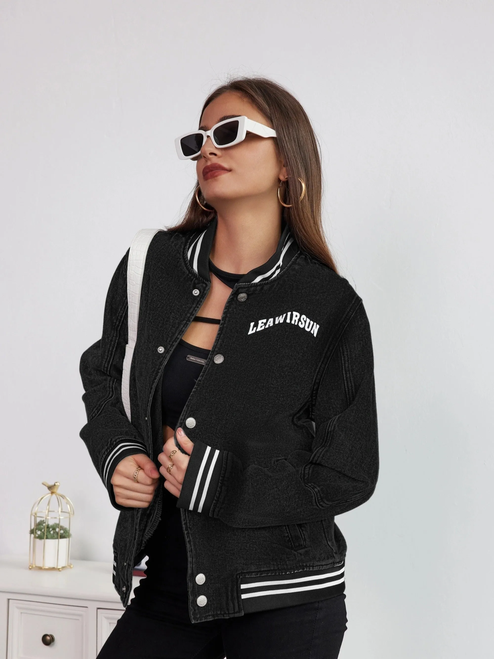 Round Neck Casual Denim Jackets, Long Sleeves Single Breasted Button Loose Denim Coats, Women's Denim Clothing