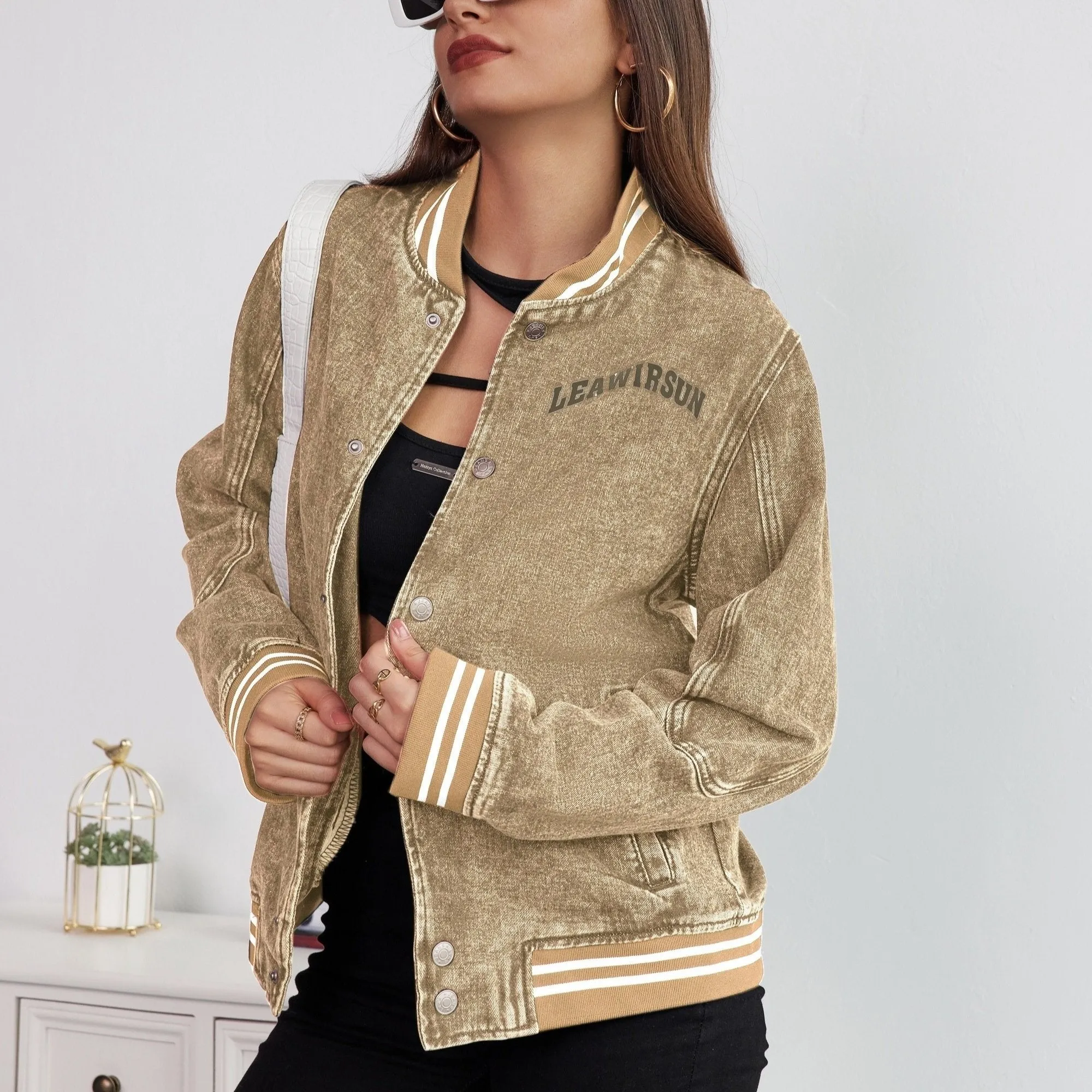 Round Neck Casual Denim Jackets, Long Sleeves Single Breasted Button Loose Denim Coats, Women's Denim Clothing