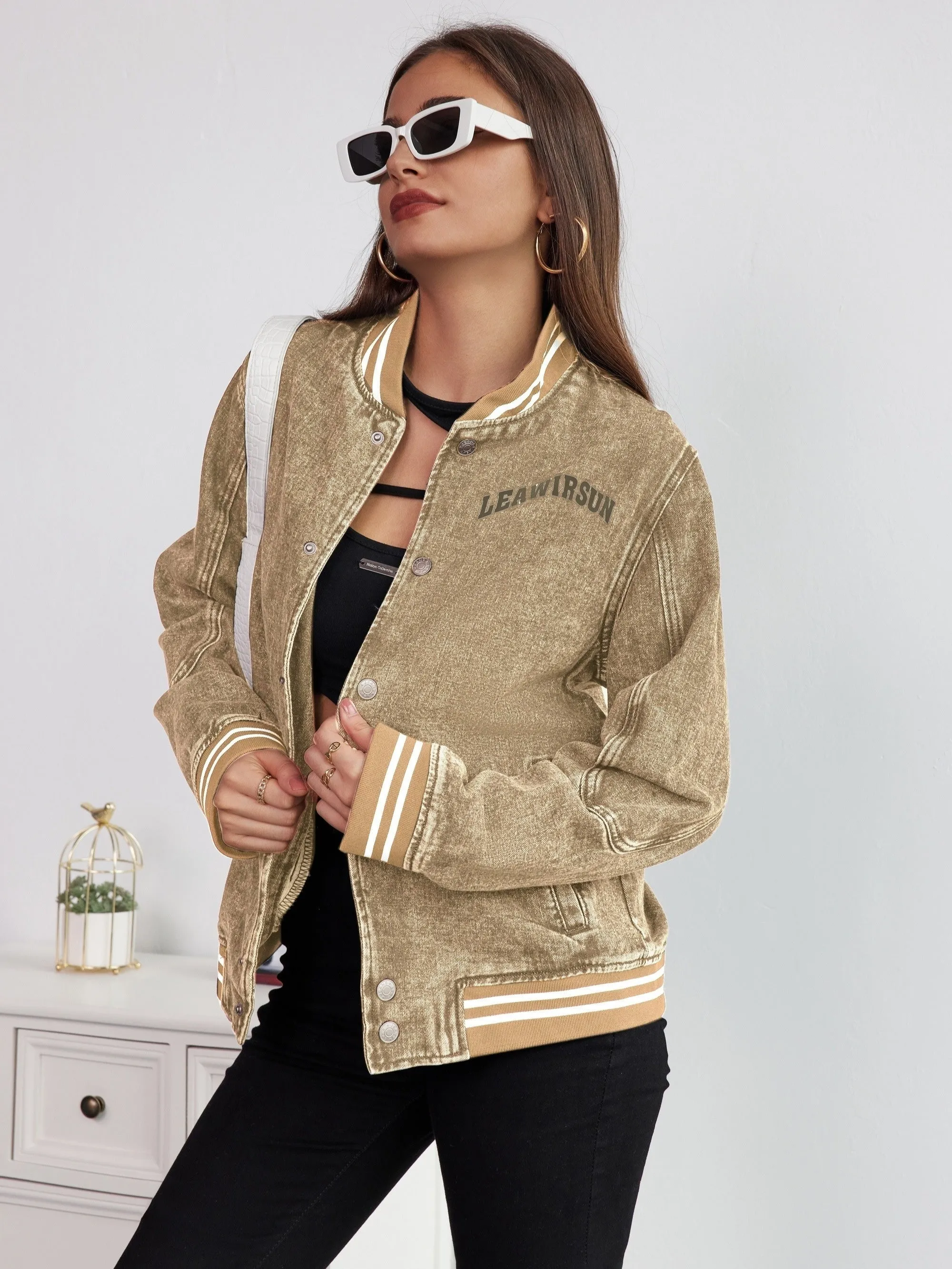 Round Neck Casual Denim Jackets, Long Sleeves Single Breasted Button Loose Denim Coats, Women's Denim Clothing