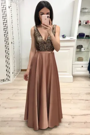 Sexy A Line Long V Neck Prom Dress With Beads OKK57