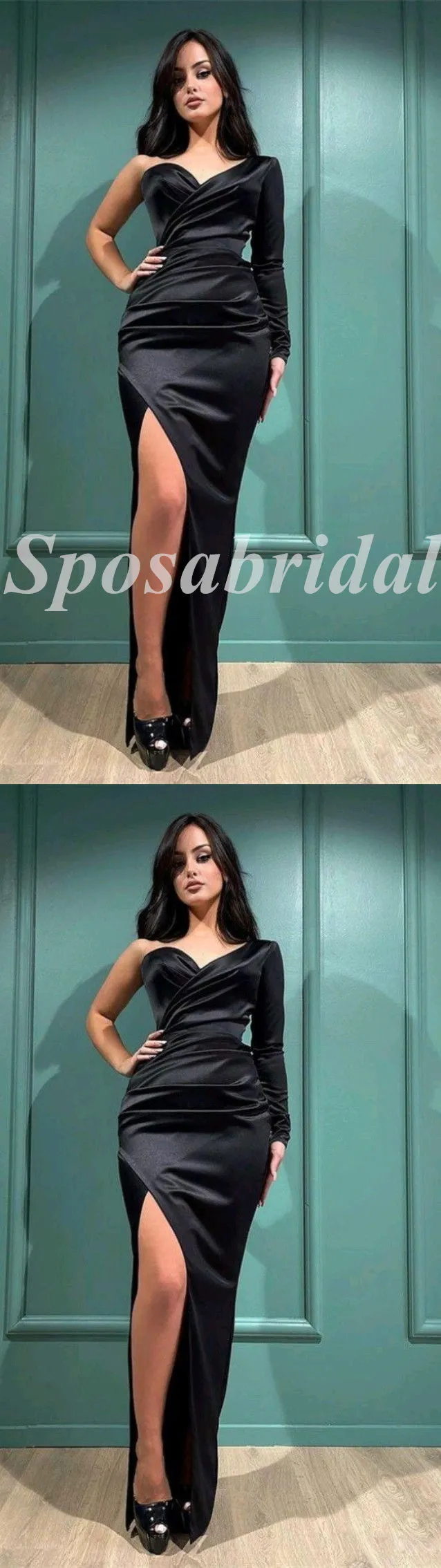 Sexy Satin One Shoulder Long Sleeve Side Slit Mermaid Long Prom Dresses,PD3662