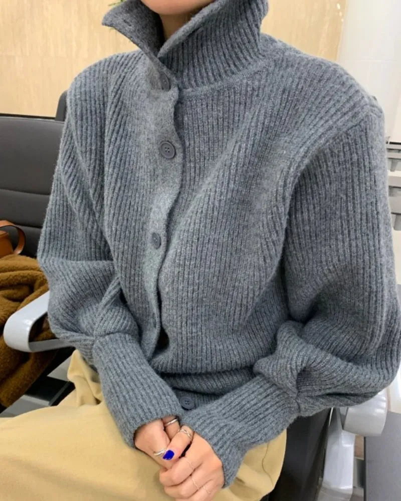 Single-breasted Vintage Lapel Sweater Outerwear Grey