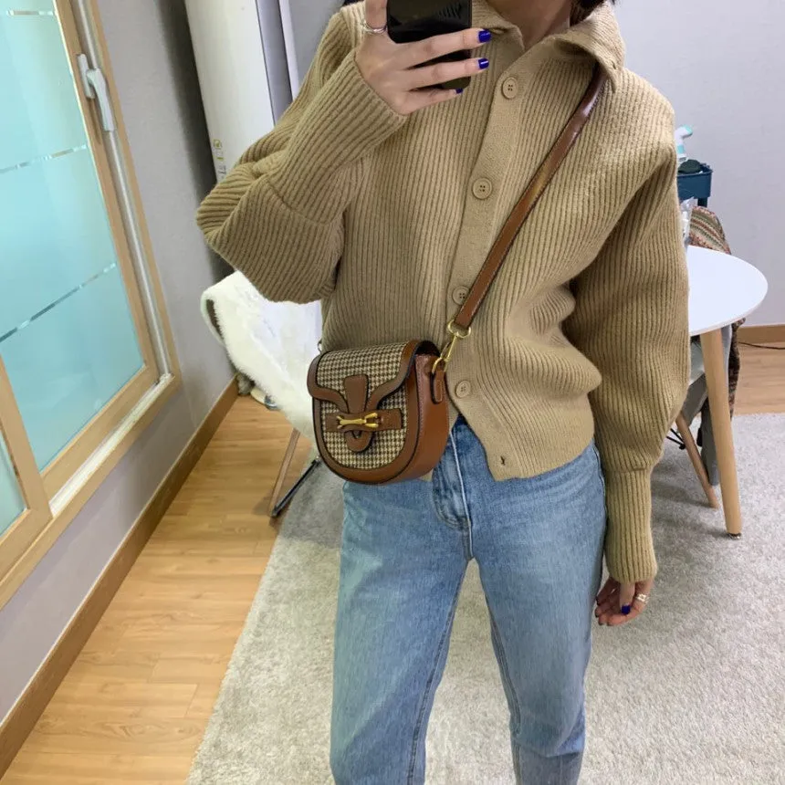Single-breasted Vintage Lapel Sweater Outerwear Grey