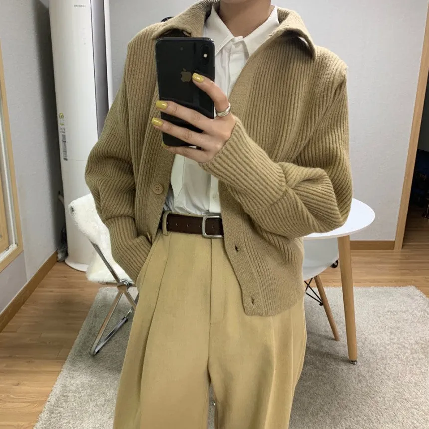 Single-breasted Vintage Lapel Sweater Outerwear Grey