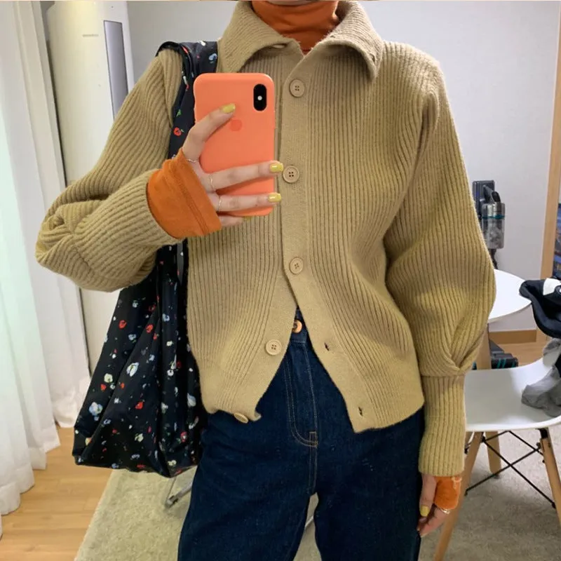 Single-breasted Vintage Lapel Sweater Outerwear Grey