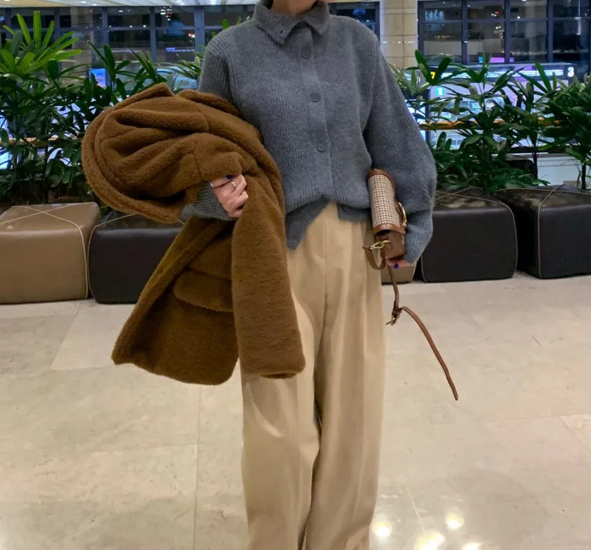 Single-breasted Vintage Lapel Sweater Outerwear Grey