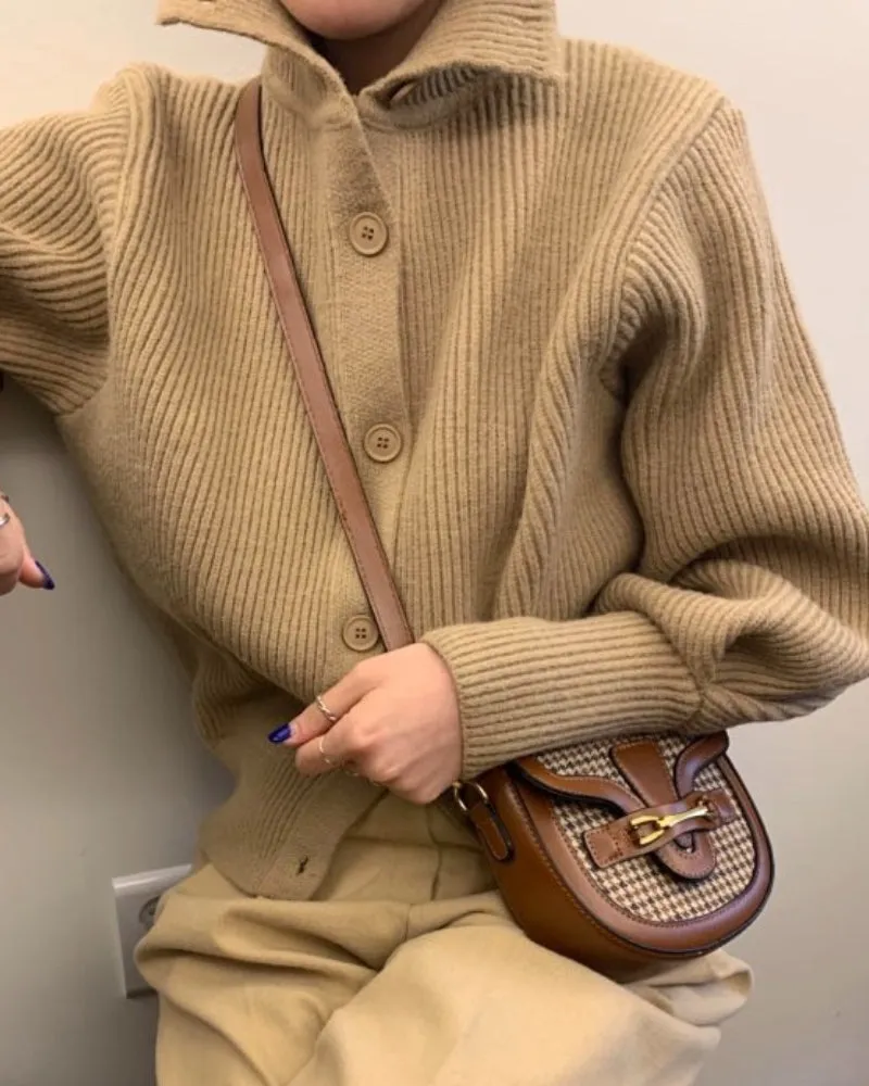 Single-breasted Vintage Lapel Sweater Outerwear Grey