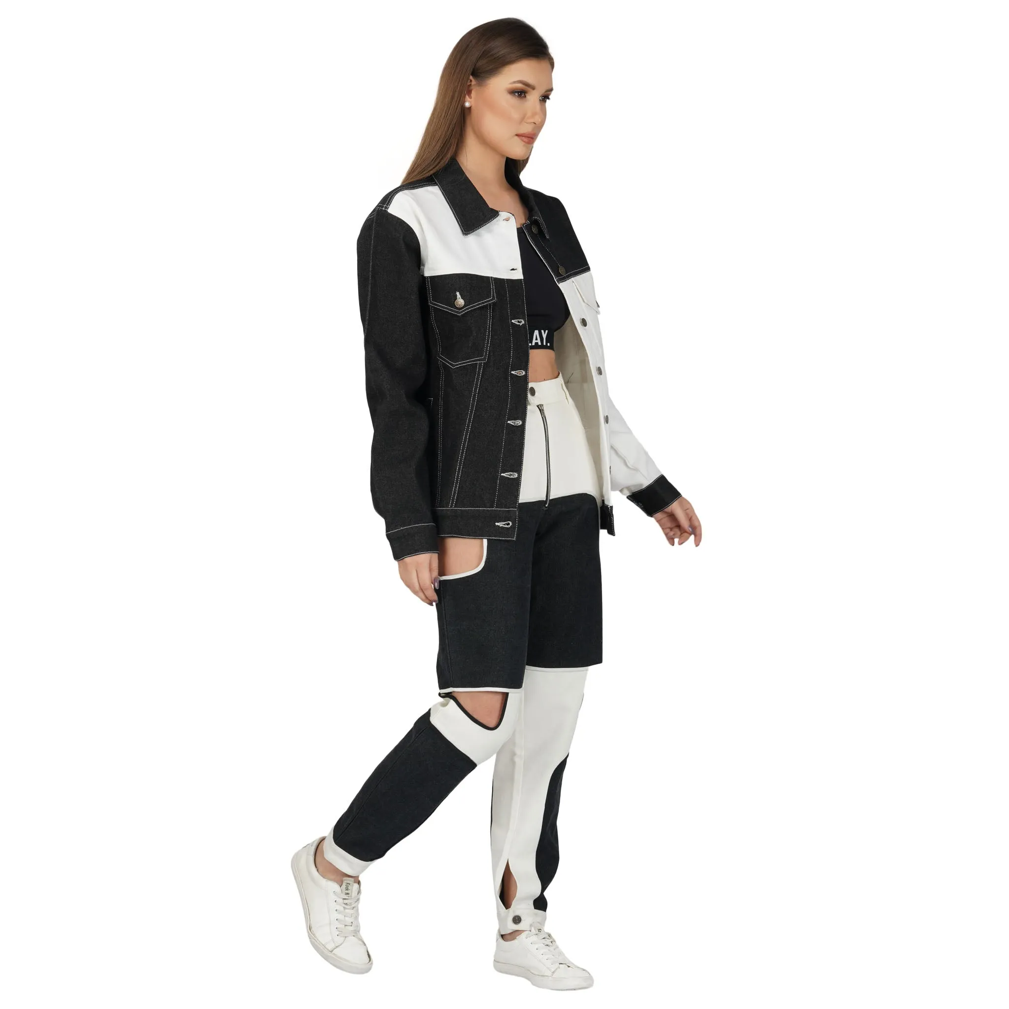 SLAY. Women's Black & White Colorblock Denim Jacket Crop Top & Jeans Co-ord Set(3 piece)