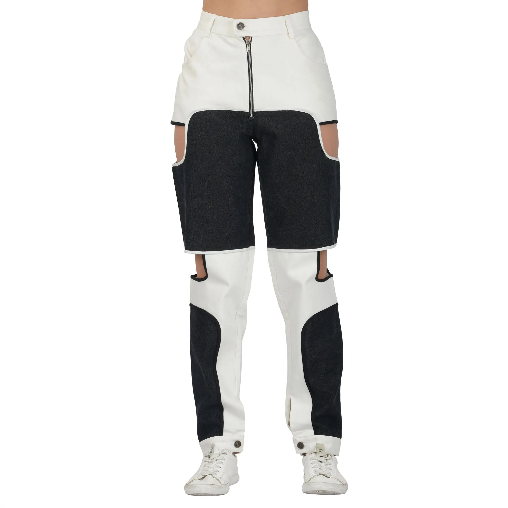 SLAY. Women's Black & White Colorblock Denim Jacket Crop Top & Jeans Co-ord Set(3 piece)