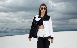 SLAY. Women's Black & White Colorblock Denim Jacket Crop Top & Jeans Co-ord Set(3 piece)