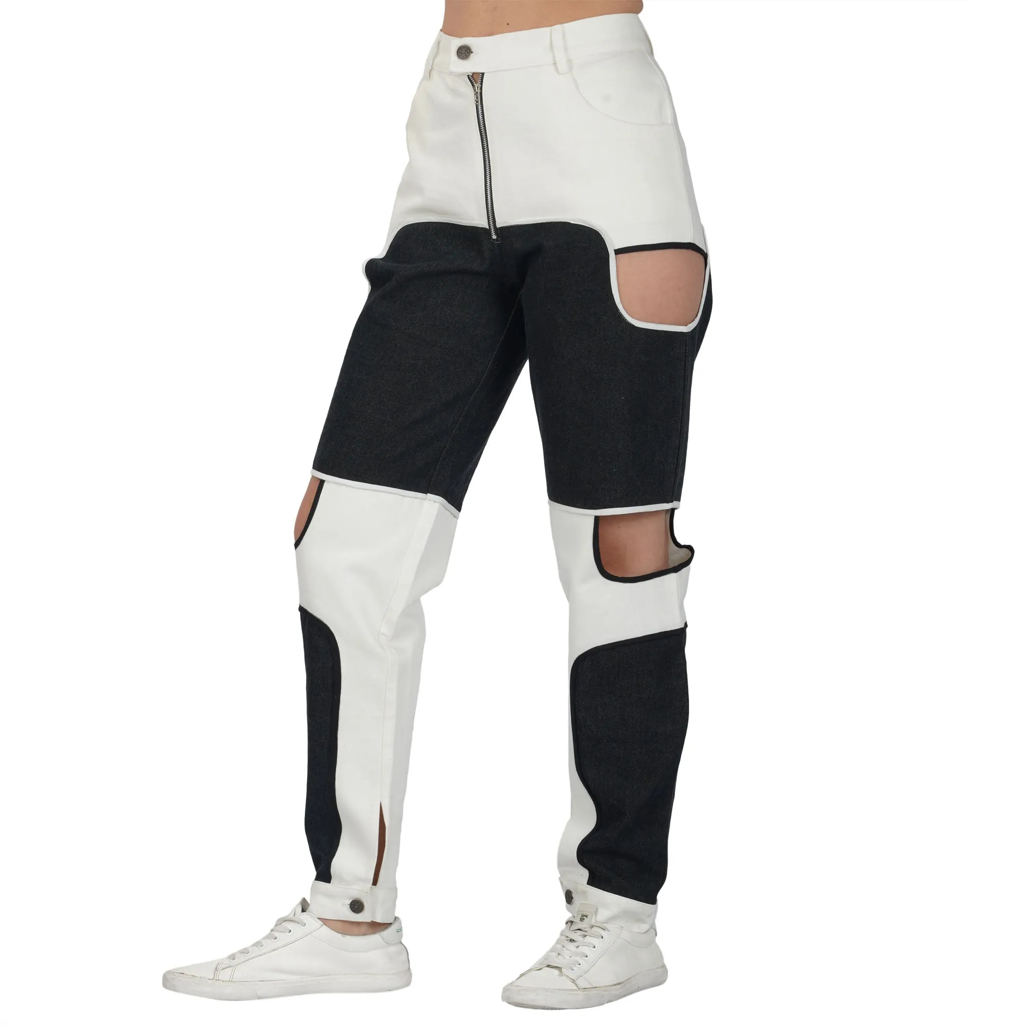SLAY. Women's Black & White Colorblock Denim Jacket Crop Top & Jeans Co-ord Set(3 piece)