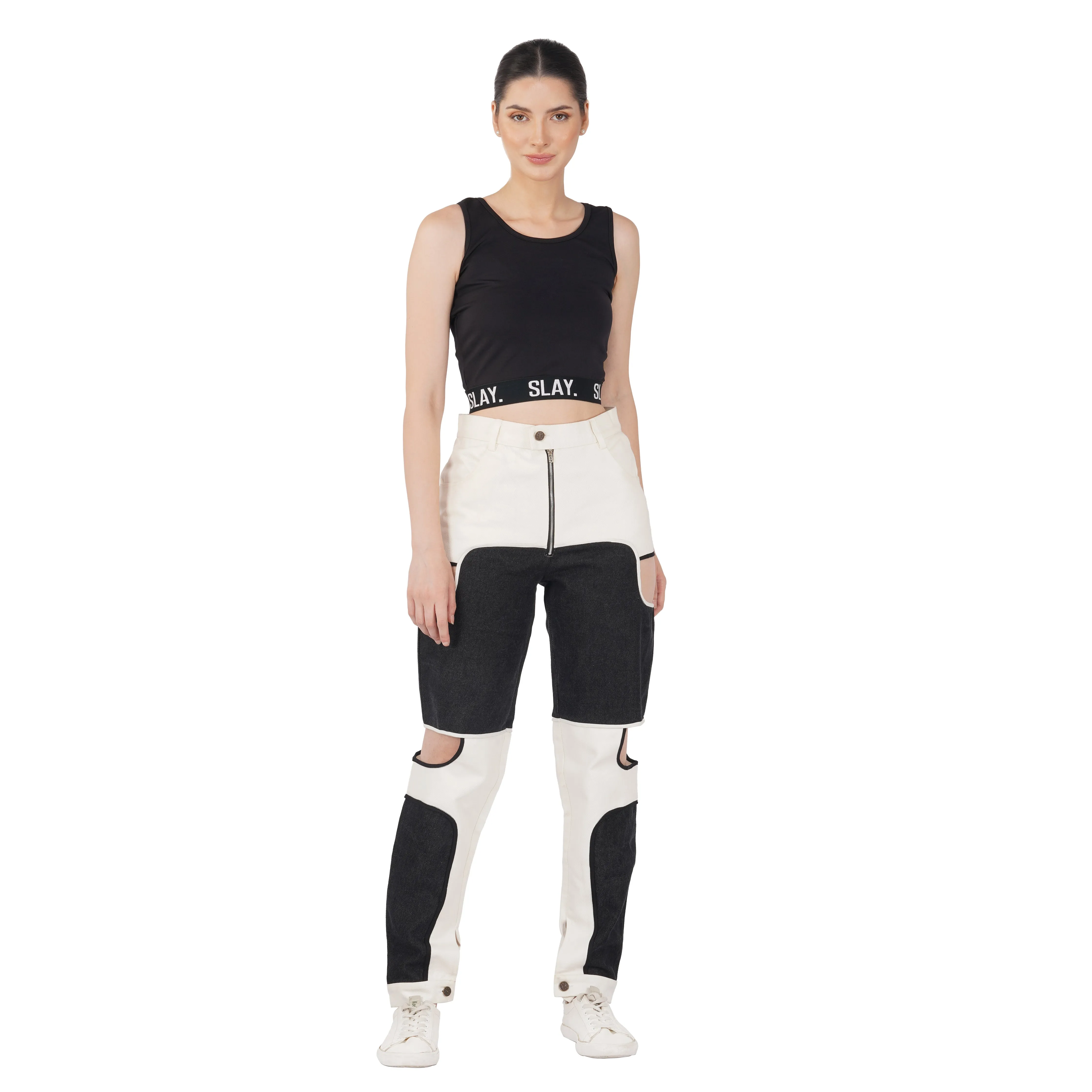 SLAY. Women's Black & White Colorblock Denim Jacket Crop Top & Jeans Co-ord Set(3 piece)